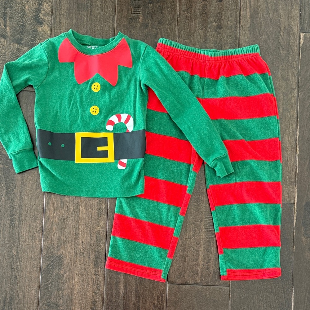 Carter's Green Elf Pajama Top with Red Collar and cozy pants! 2 sizes available